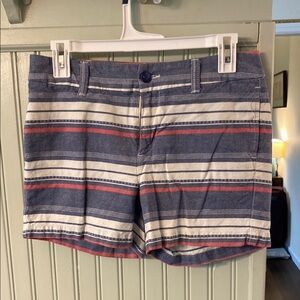 Striped Blue and White Shorts with Red Accents